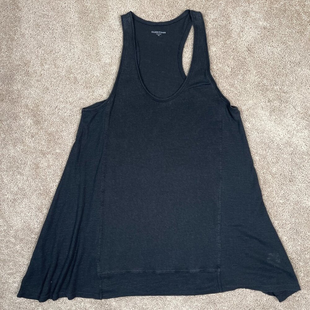 Eileen Fisher Tank Womens XS Black 100% Linen Swing Lagenlook Artsy Lightweight